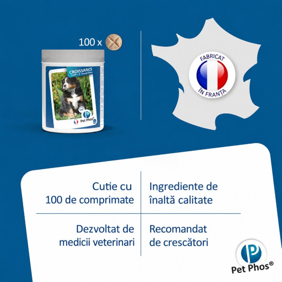 PET PHOS Croissance Grand Chien, 100 comprimate – suport mineral și vitaminic pentru juniori de talie mare